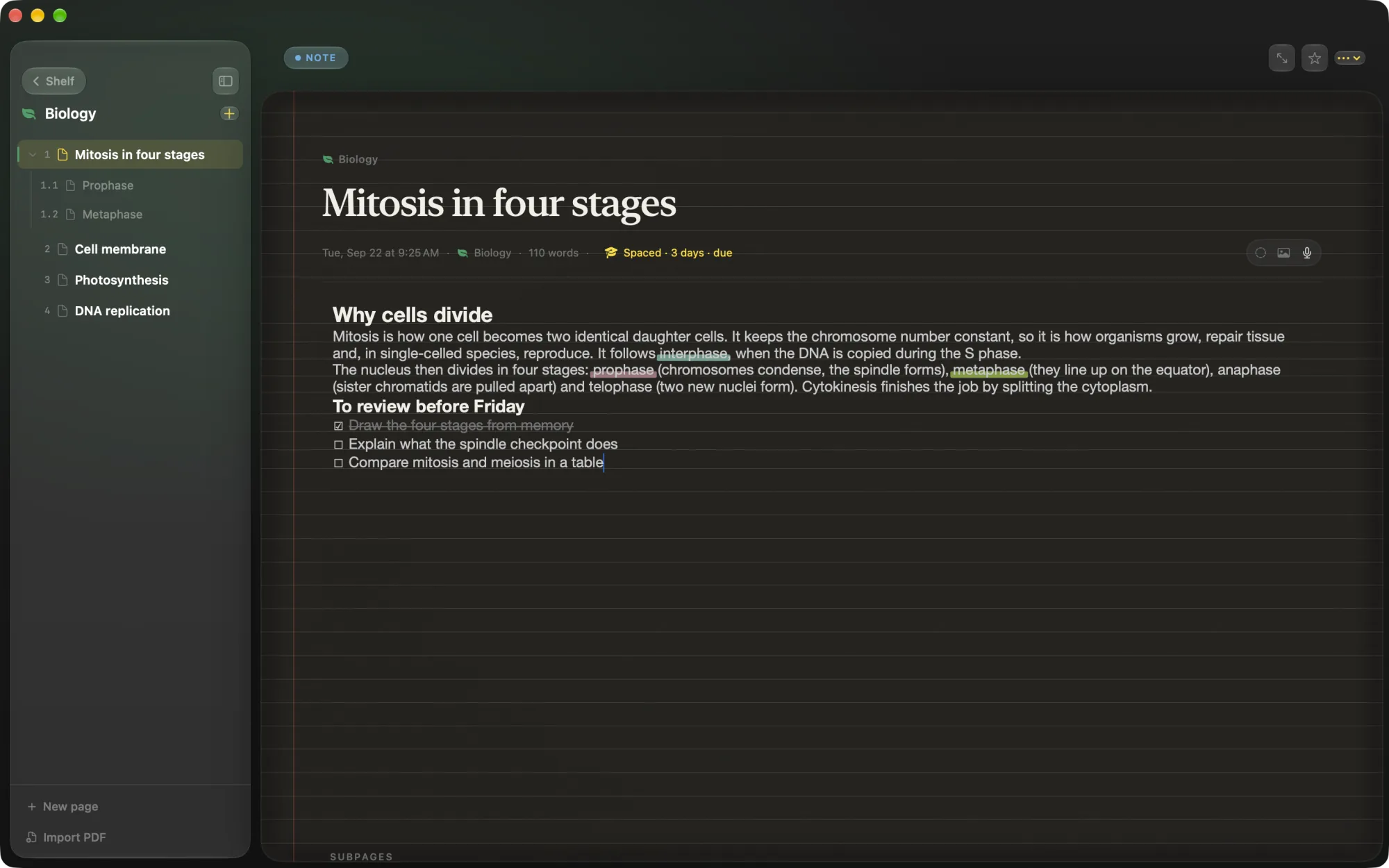 A Folio notebook on a Mac: the Biology sidebar lists pages and nested subpages with Import PDF at the bottom, and a lined page titled Mitosis in four stages shows highlighted terms and a review checklist.