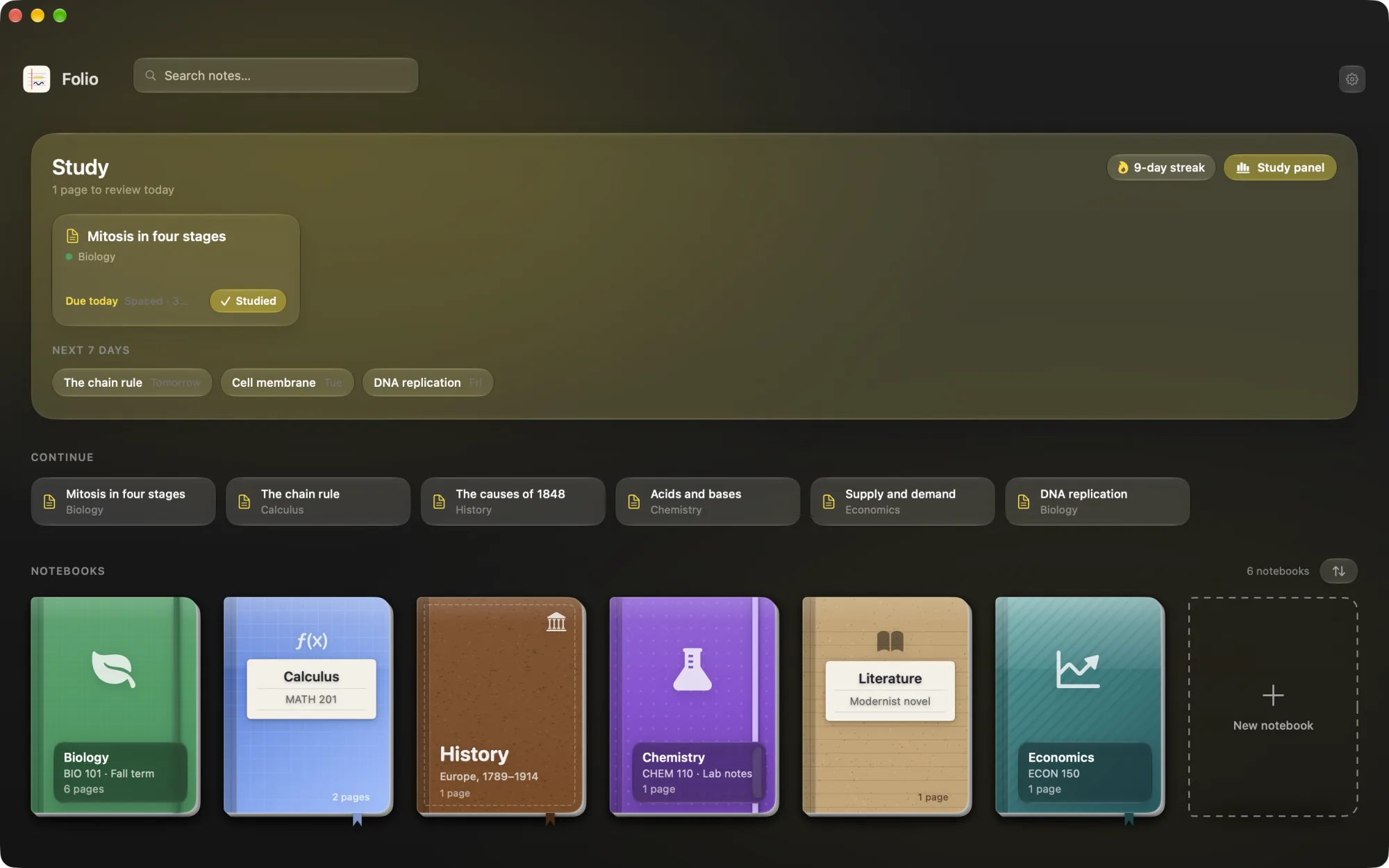 Folio's home screen on a Mac: a Study panel with one page due today and a 9-day streak, a row of recently opened pages, and six notebook covers for Biology, Calculus, History, Chemistry, Literature and Economics.